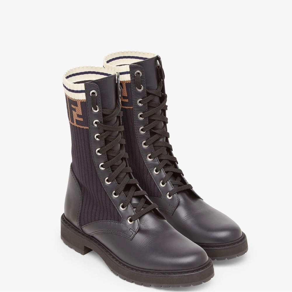 Fendi Black leather biker boots with stretch fabric